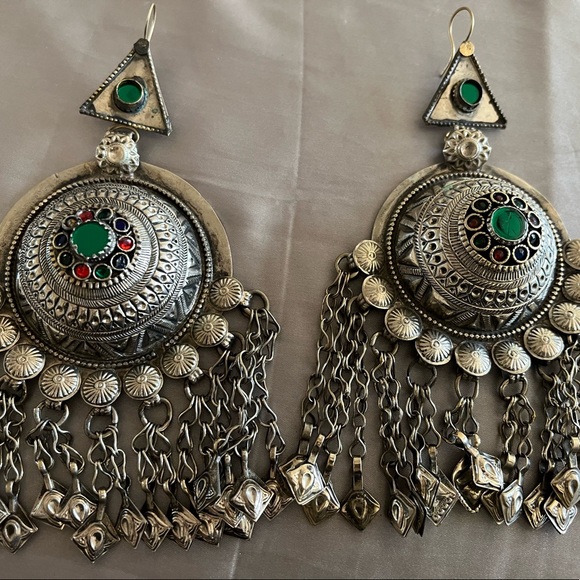 Authentic Afghani shoulder duster oxidized silver earrings NWOT - Picture 2 of 4